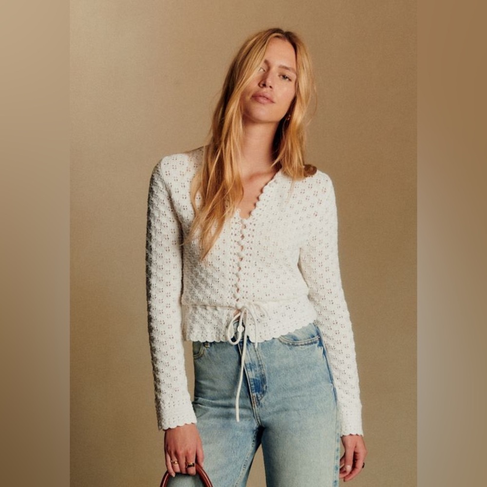 Sezane Martie White Crochet Tie-Waist Cardigan